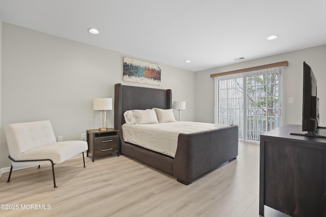 bedroom featuring light wood-type flooring, access to outside, visible vents, and recessed lighting