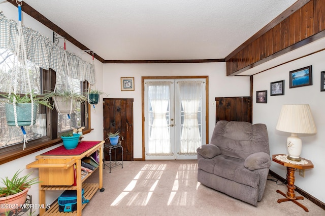 sitting room featuring a textured ceiling, french doors, carpet flooring, and baseboards