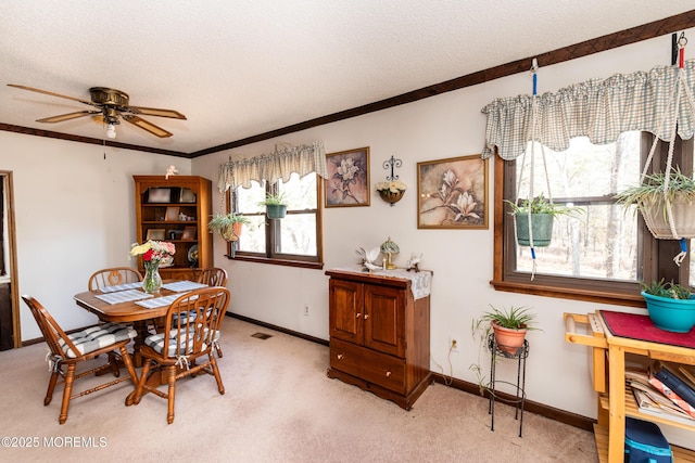 dining room featuring a textured ceiling, light carpet, visible vents, baseboards, and ornamental molding