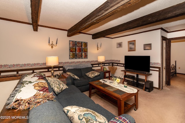 living room with light carpet, a textured ceiling, baseboards, and beamed ceiling