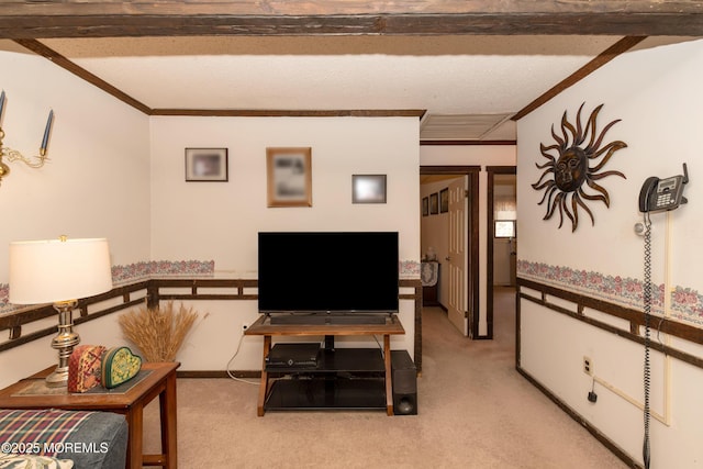 living room featuring light carpet and crown molding