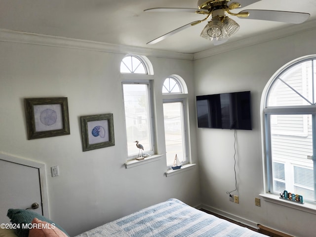 bedroom featuring ornamental molding, baseboards, and a ceiling fan