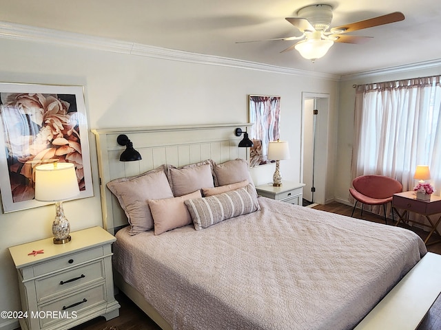 bedroom with ceiling fan, ornamental molding, dark wood-style flooring, and baseboards