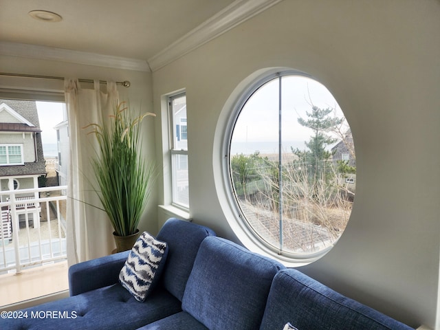 living area with crown molding