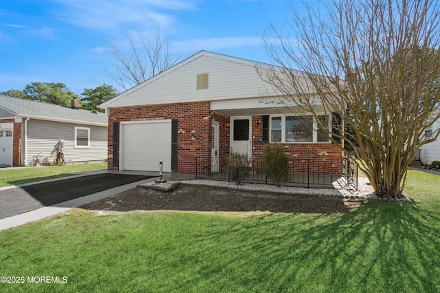 view of front of house featuring a front yard, driveway, a porch, a garage, and brick siding