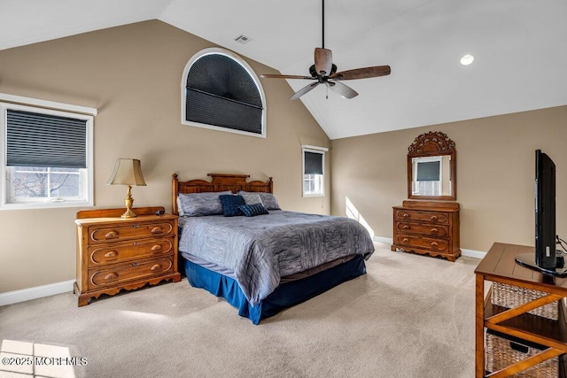 carpeted bedroom featuring visible vents, high vaulted ceiling, baseboards, and a ceiling fan