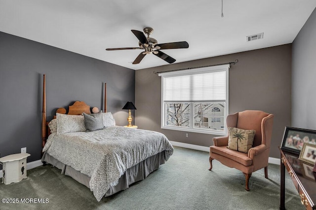 bedroom with visible vents, a ceiling fan, carpet, and baseboards