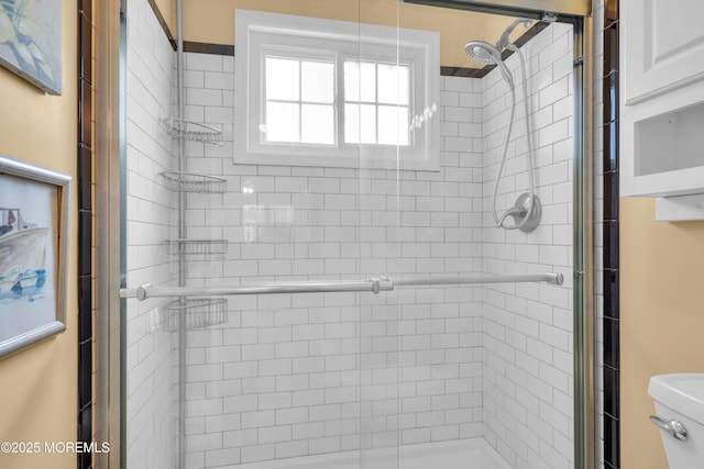 bathroom with a stall shower and toilet