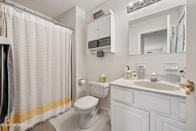 full bath with vanity, a shower with shower curtain, a textured ceiling, tile patterned floors, and toilet