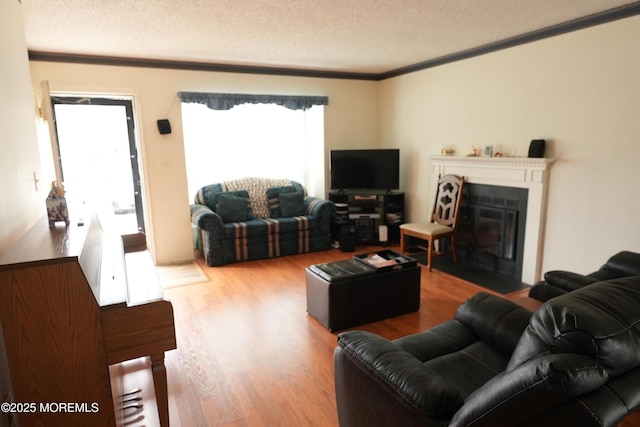 living room with a fireplace with flush hearth, ornamental molding, a textured ceiling, and wood finished floors