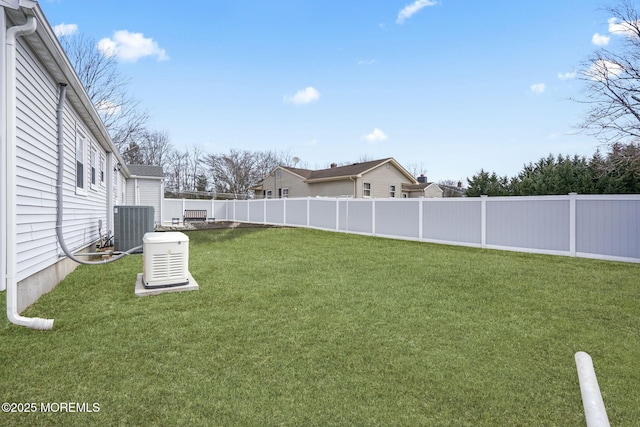 view of yard featuring central AC unit and a fenced backyard