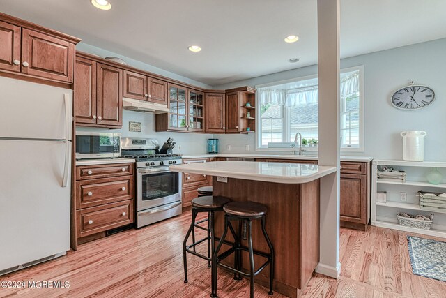 kitchen with appliances with stainless steel finishes, light countertops, light wood-type flooring, under cabinet range hood, and a kitchen bar