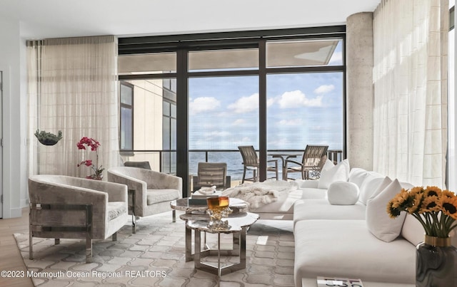 living room with a wall of windows and wood finished floors