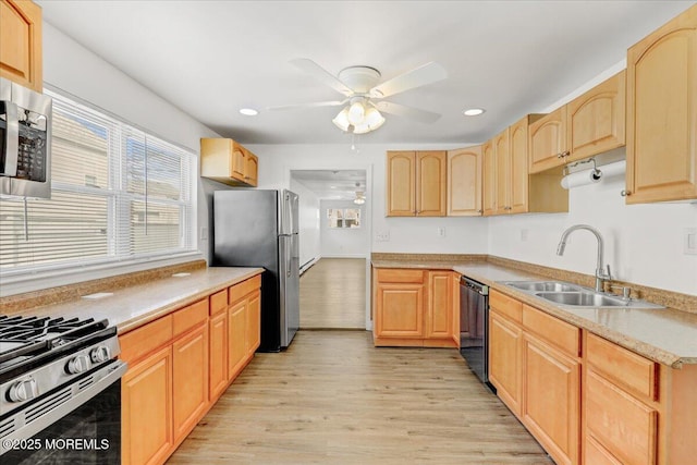 kitchen featuring stainless steel appliances, light brown cabinets, a sink, ceiling fan, and light wood-type flooring