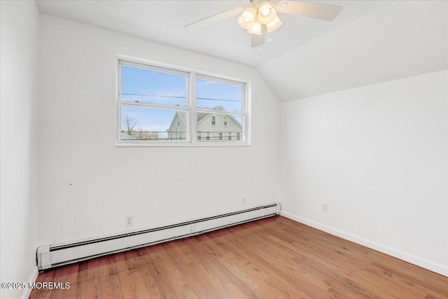 bonus room with vaulted ceiling, ceiling fan, a baseboard radiator, and wood finished floors