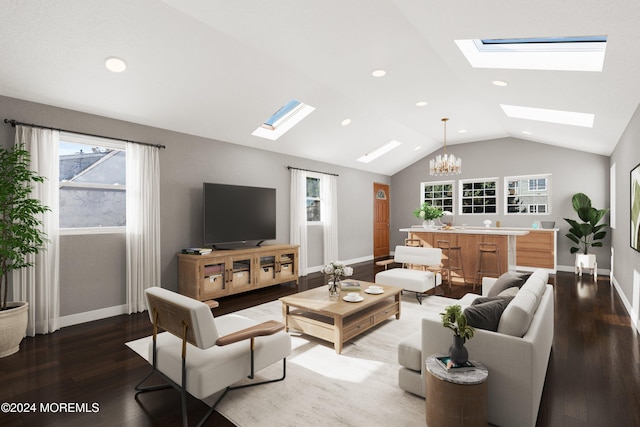 living area featuring a chandelier, recessed lighting, wood finished floors, baseboards, and vaulted ceiling