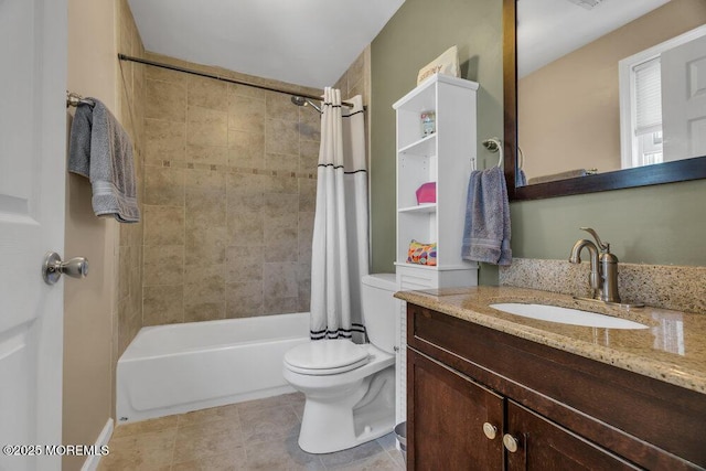 full bathroom with toilet, shower / tub combo, tile patterned flooring, and vanity