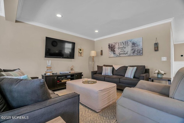 living room with crown molding and recessed lighting