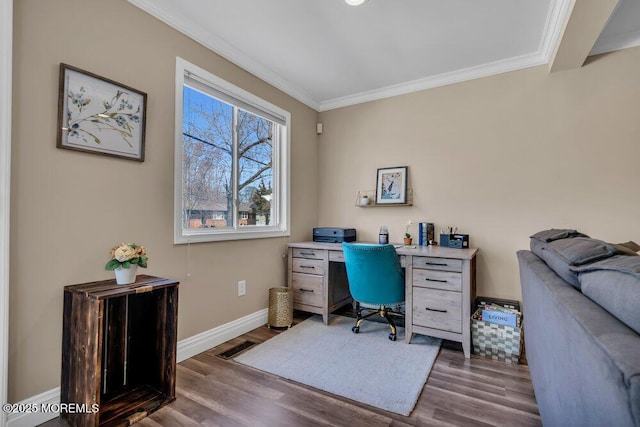 office featuring baseboards, dark wood-type flooring, and crown molding