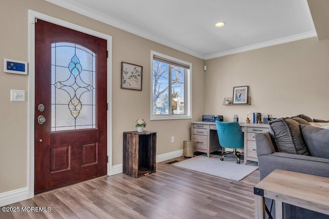 home office featuring crown molding, baseboards, wood finished floors, and recessed lighting