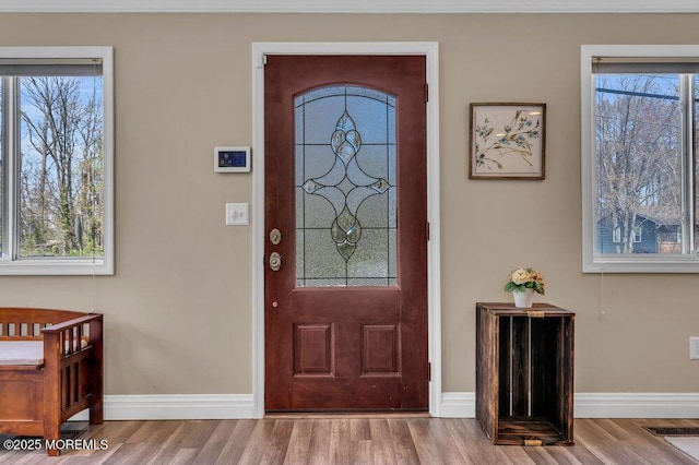 foyer entrance featuring baseboards, wood finished floors, and a healthy amount of sunlight