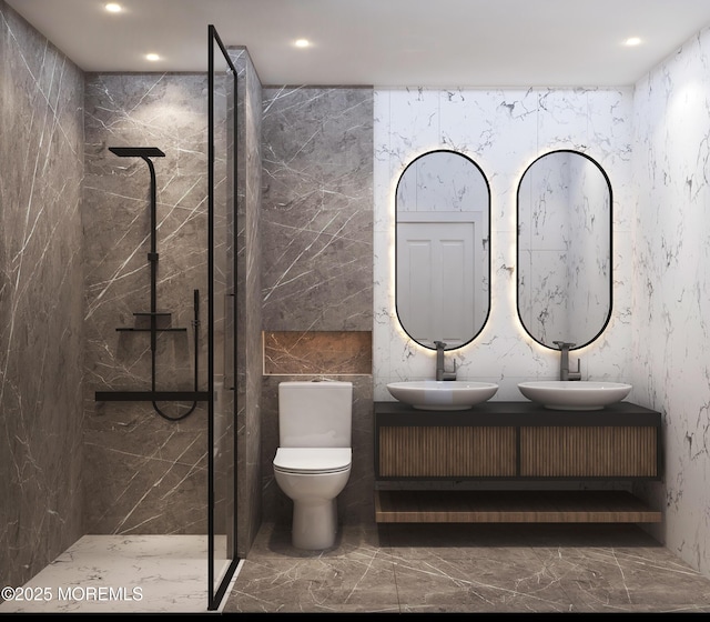 full bath with marble finish floor, a sink, and a shower stall