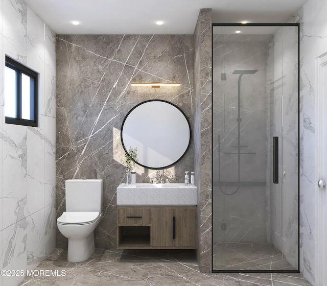 full bath with stone wall, toilet, vanity, marble finish floor, and a marble finish shower