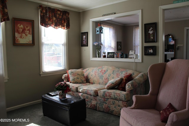 carpeted living room featuring ornamental molding, plenty of natural light, and baseboards