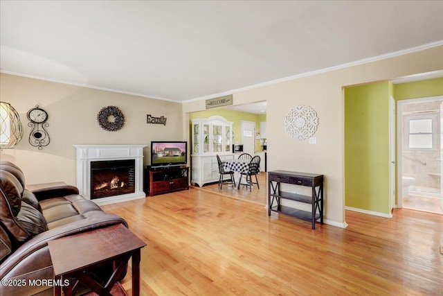 living room featuring ornamental molding, baseboards, a lit fireplace, and light wood finished floors