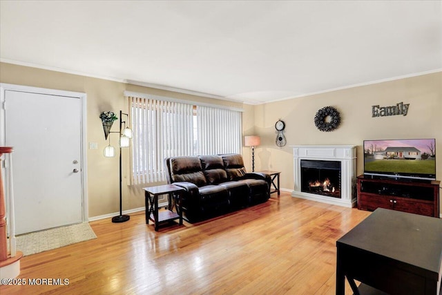 living area with light wood finished floors, a lit fireplace, baseboards, and crown molding