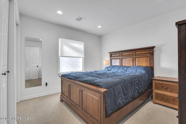 bedroom featuring recessed lighting, visible vents, light colored carpet, and baseboards