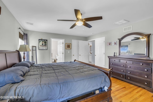 bedroom featuring light wood finished floors, ceiling fan, and visible vents