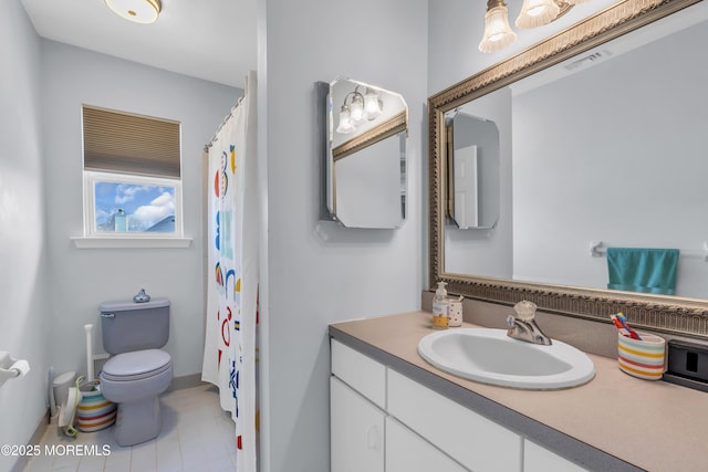 full bath with curtained shower, tile patterned flooring, toilet, visible vents, and vanity