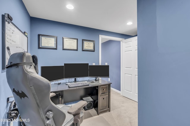 office area with carpet, baseboards, and recessed lighting