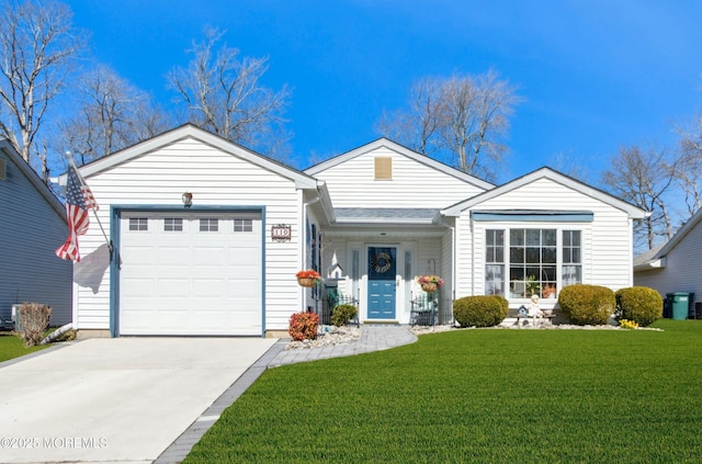 ranch-style home featuring a front yard, an attached garage, and driveway