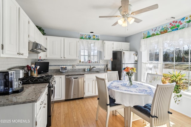 kitchen featuring a sink, ceiling fan, stainless steel appliances, under cabinet range hood, and white cabinetry