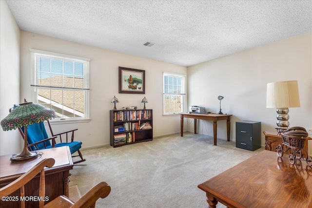 office area featuring light carpet, a textured ceiling, visible vents, and baseboards