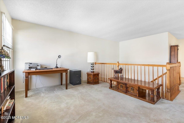 carpeted office space with a textured ceiling