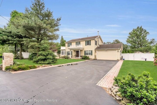 colonial inspired home with a garage, a front lawn, fence, and aphalt driveway