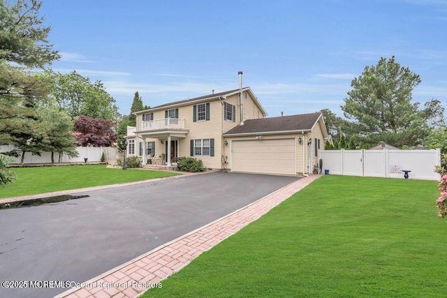 colonial home featuring fence private yard, a balcony, a garage, driveway, and a front lawn