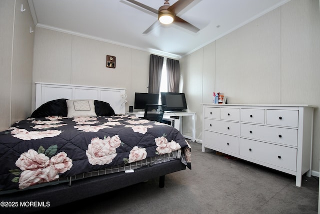 carpeted bedroom featuring a decorative wall, a ceiling fan, and ornamental molding