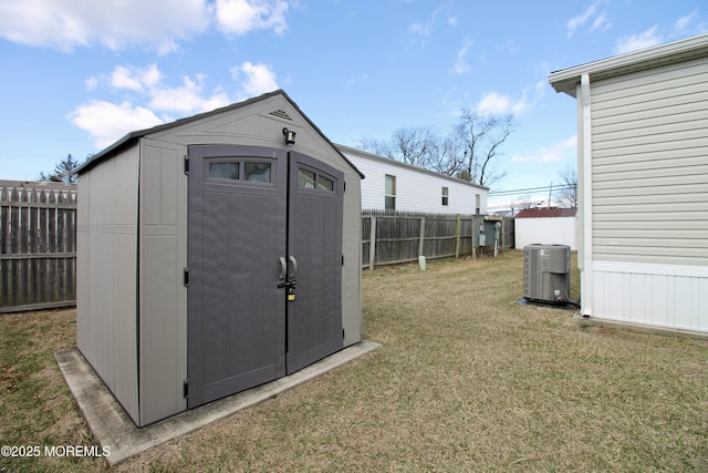 view of shed featuring central air condition unit and a fenced backyard