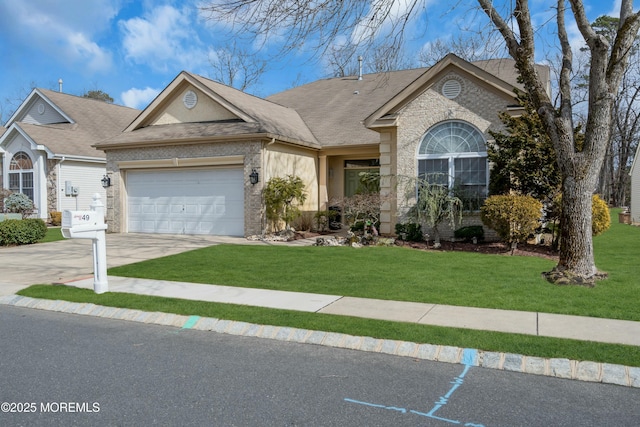 ranch-style house featuring a garage, brick siding, and a front yard