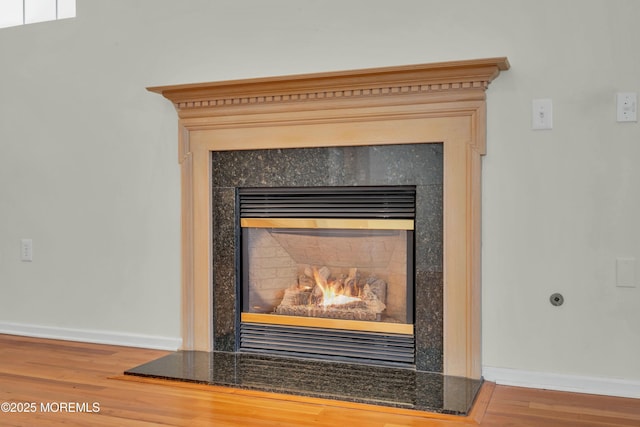 details with a warm lit fireplace, baseboards, and wood finished floors