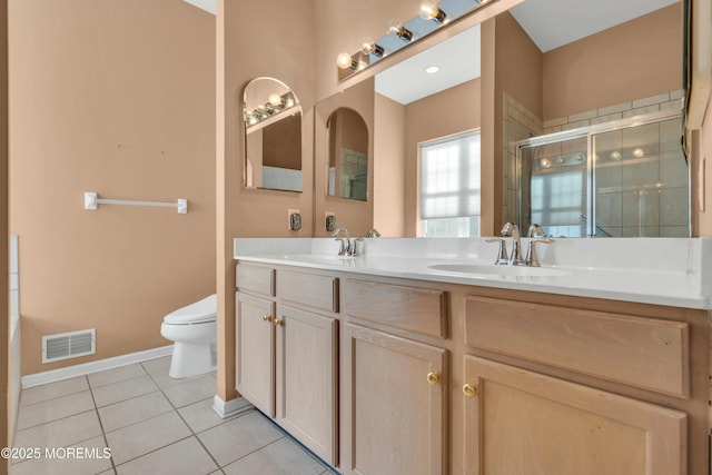 full bathroom featuring a sink, visible vents, a shower stall, and tile patterned floors