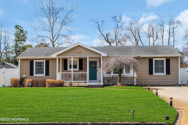 view of front of property featuring roof with shingles, a porch, a front lawn, and fence