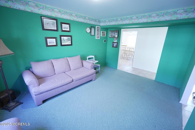 carpeted living room featuring tile patterned floors