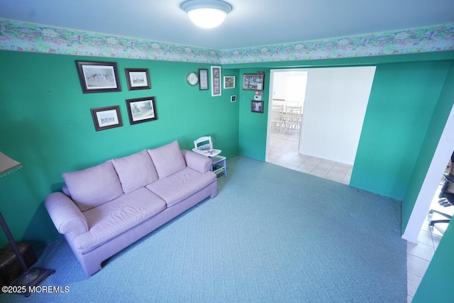 carpeted living room featuring tile patterned floors