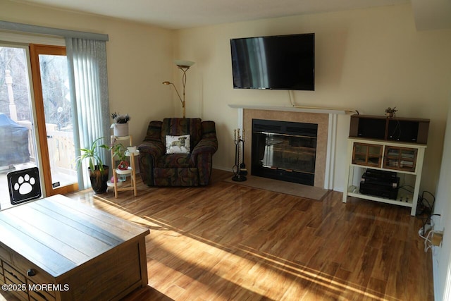 living room featuring wood finished floors and a tile fireplace