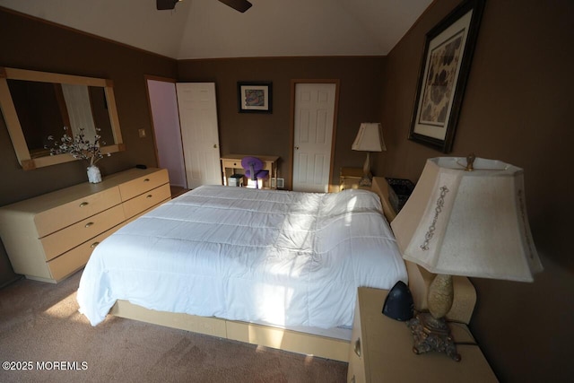 carpeted bedroom featuring lofted ceiling